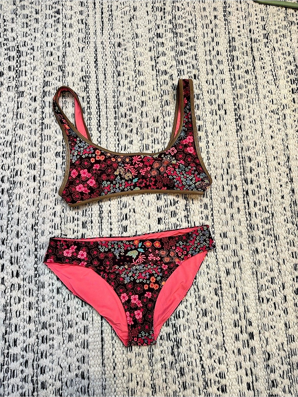 Aerie Floral Bikini Set Pink & Black Size Medium
